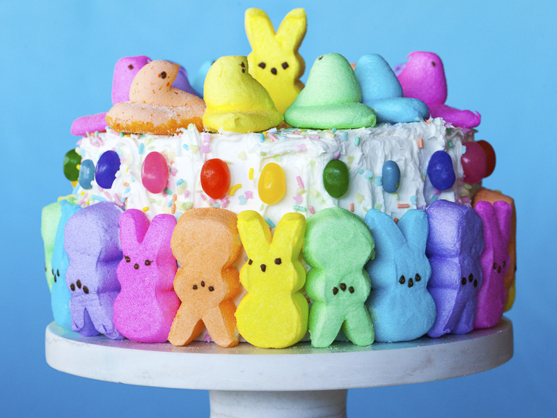 Easter Cake Decorated with Peeps and Jelly Beans