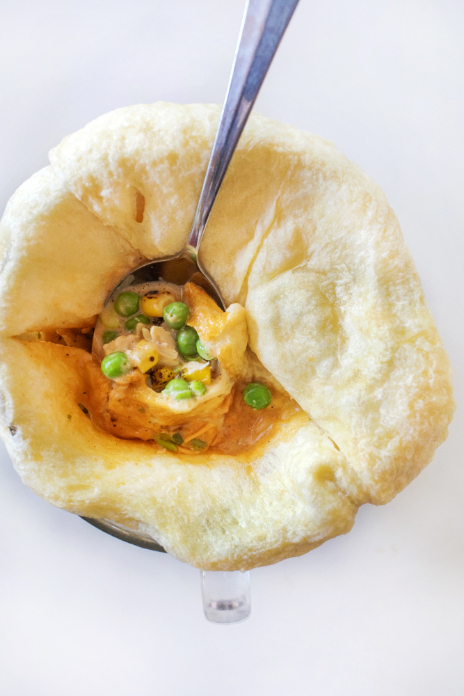 Easy microwave chicken pot pie you can make in a mug in minutes.