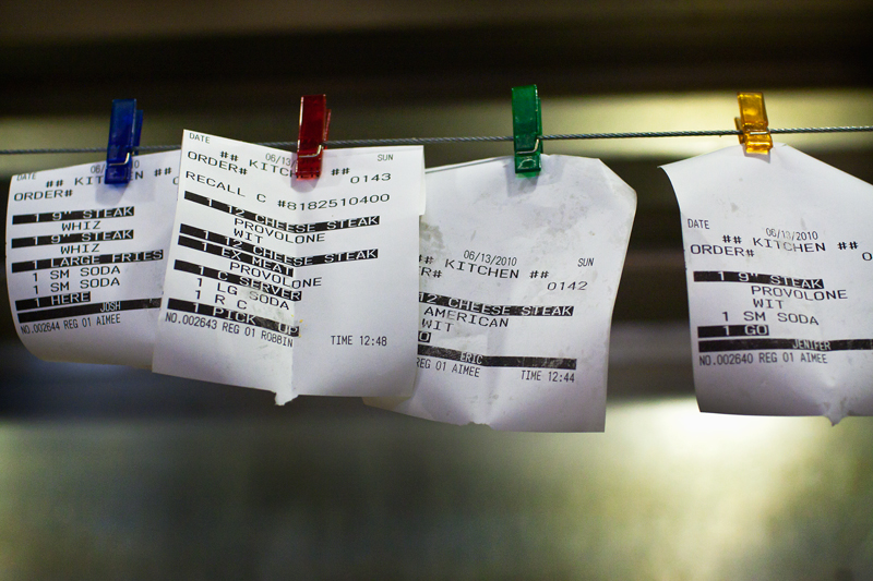 orders on the line in a restaurant kitchen,
