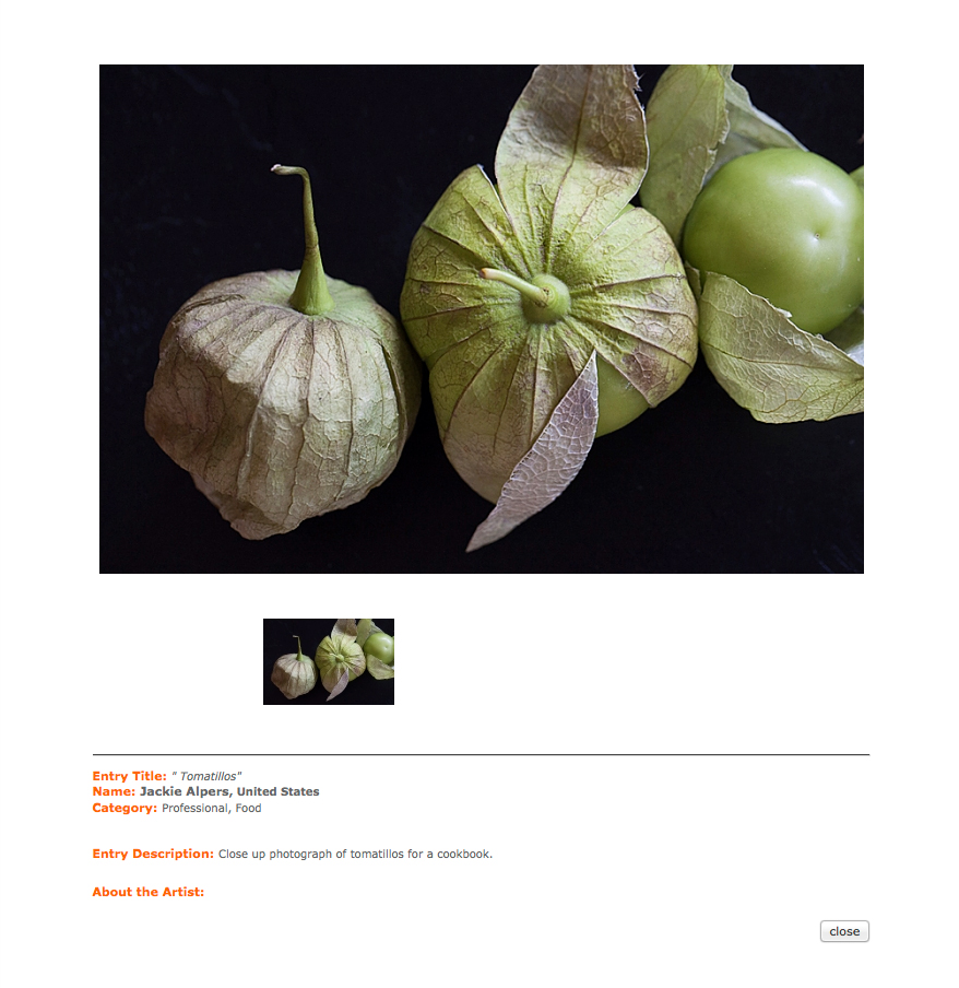 food photographer Jackie Alpers won an honorable mention in the 2012 International Photography Awards for her food photo of fresh tomatillos: