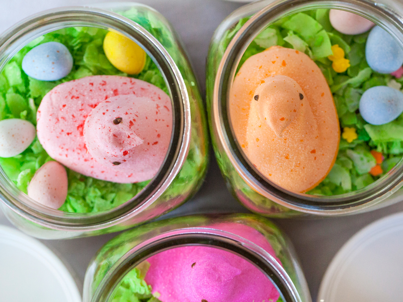 Bake brownies in mason jars then top with colored coconut, chocolate eggs, sprinkles and Peeps! . Food Photography, Ideas and Recipes By Jackie Alpers for Food Network.