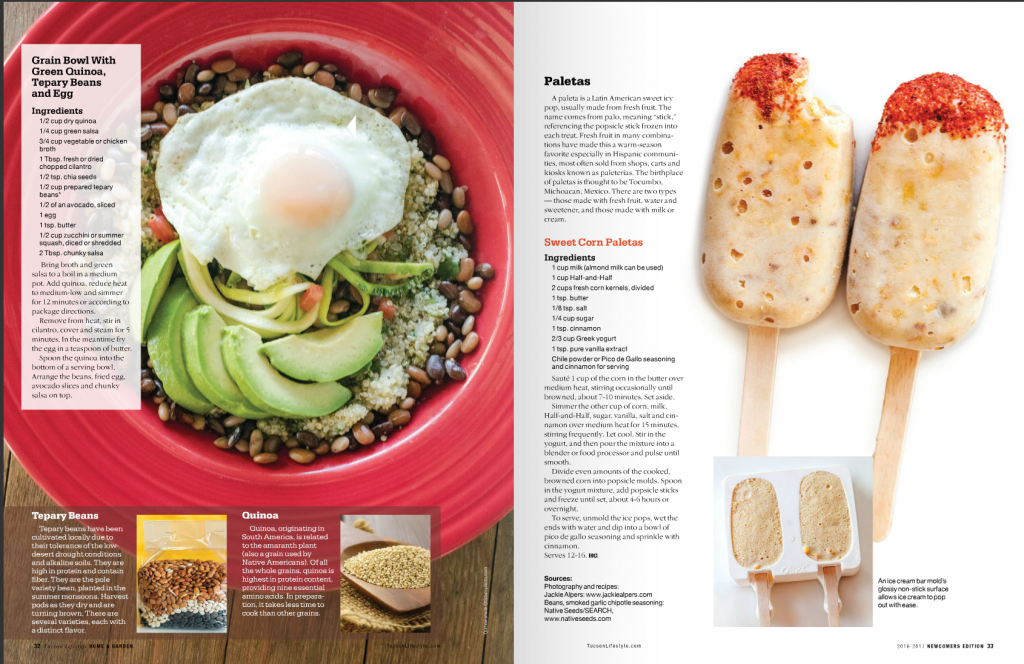 Tear sheet of recipes and food photography in Tucson Lifestyle Home and Garden Magazine by Jackie Alpers