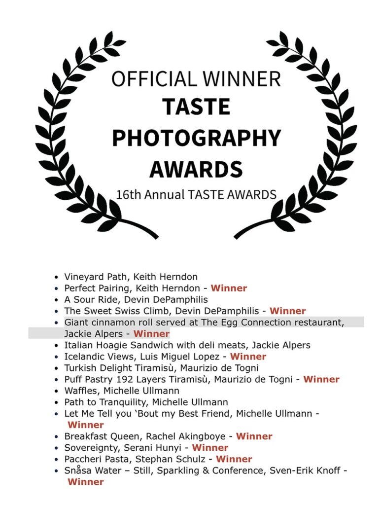 My food photography is an official winner of the 2026 Taste Photography Awards. My image of giant cinnamon rolls photographed at a diner in Tucson, Arizona for the Tucson Guide Magazine feature article on breakfast restaurants was chosen. Thank you to the Taste Awards and the creative, editorial and publishing team at Tucson Guide.