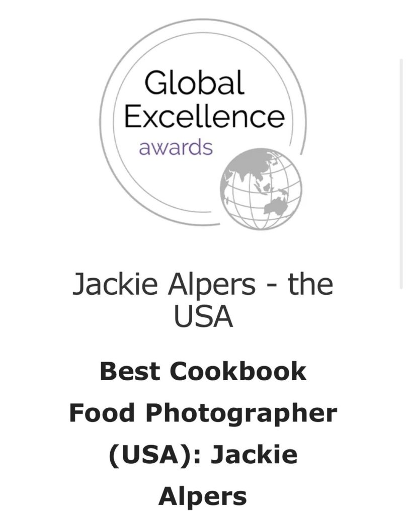 Jackie Alpers named best cookbook photographer (USA) in the LUX magazine global excellence awards. 