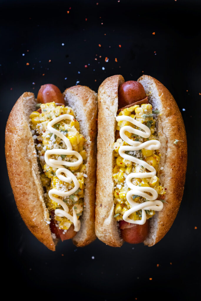 award winning elote hot dogs with Best Foods mayonnaise