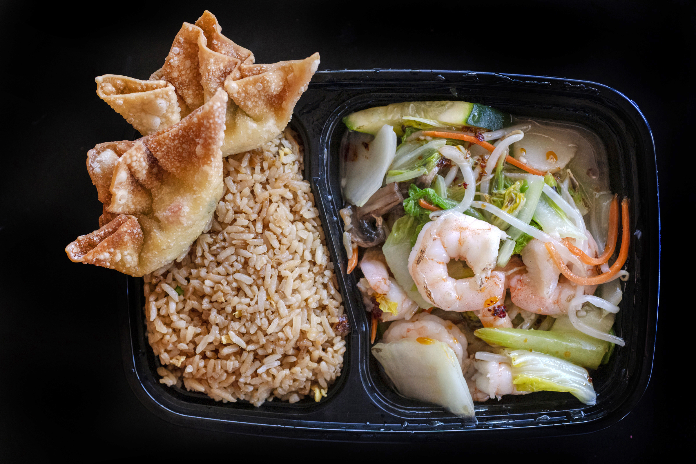 Shrimp Chop Suey, fried rice and a crab rangoon from Asian Spice Restaurant in Tucson, Arizona. Food photography and feature article by Jackie Alpers for Discover Marana.